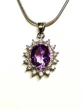 Gorgeous Silver Purple Amethyst Halo Pendant with 20” chain Necklace
